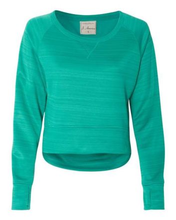 J. America Women's Odyssey Striped Performance Fleece Hi-Low Crewneck Sweatshirt 8663