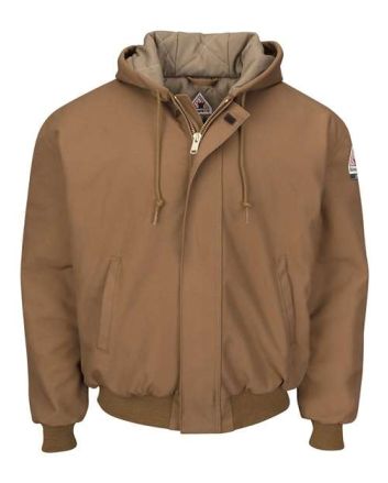Bulwark Men's Insulated Brown Duck Hooded Jacket with Knit Trim JLH6
