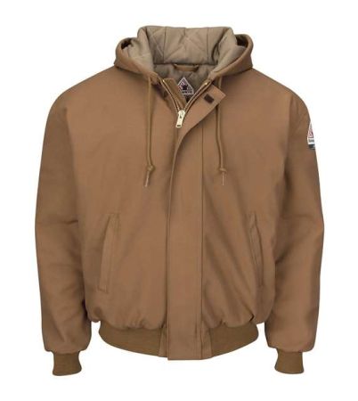 Bulwark Men's Insulated Brown Duck Hooded Jacket with Knit Trim JLH6